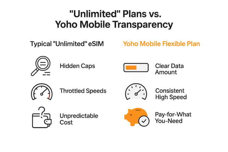 Infographic comparing the hidden caps and throttled speeds of typical 'unlimited' eSIMs with the transparency and consistent speed of Yoho Mobile's flexible plans.