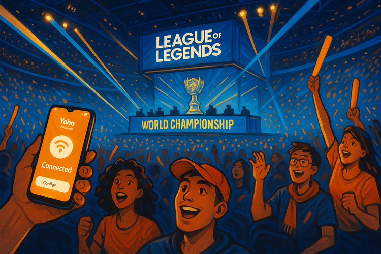 Fans at the LoL Worlds 2025 esports tournament staying connected with Yoho Mobile eSIM.