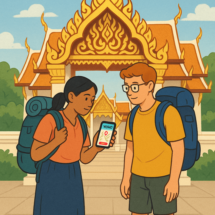 Illustration of travelers dressed respectfully with covered shoulders and knees at a temple in Thailand.