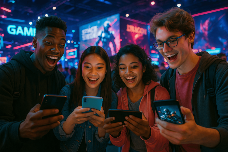 Excited attendees using their smartphones with reliable internet at Tokyo Game Show 2025.