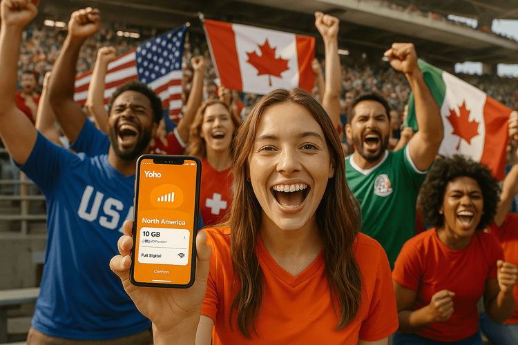 Excited football fans at the FIFA World Cup 2026 using Yoho Mobile eSIM for seamless connectivity in North America.