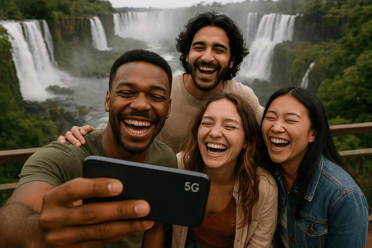 Friends taking a selfie with a stable internet connection via eSIM at Iguazu Falls, Brazil.