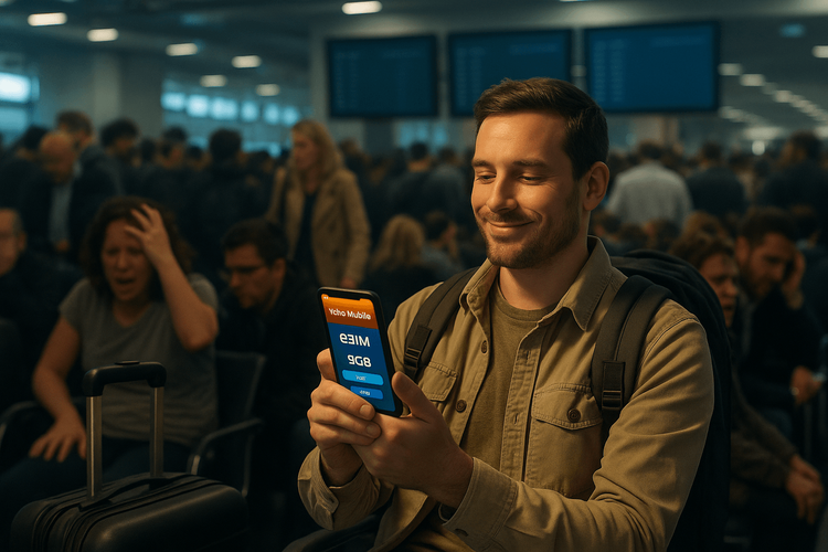 A prepared traveler using their phone with a Yoho Mobile eSIM, remaining calm during an airport outage while other passengers are stressed.