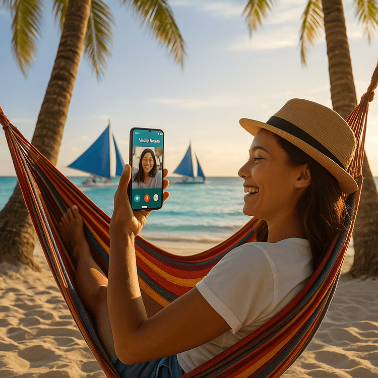 A traveler enjoying a seamless connection with her Yoho Mobile eSIM on a beautiful Boracay beach.