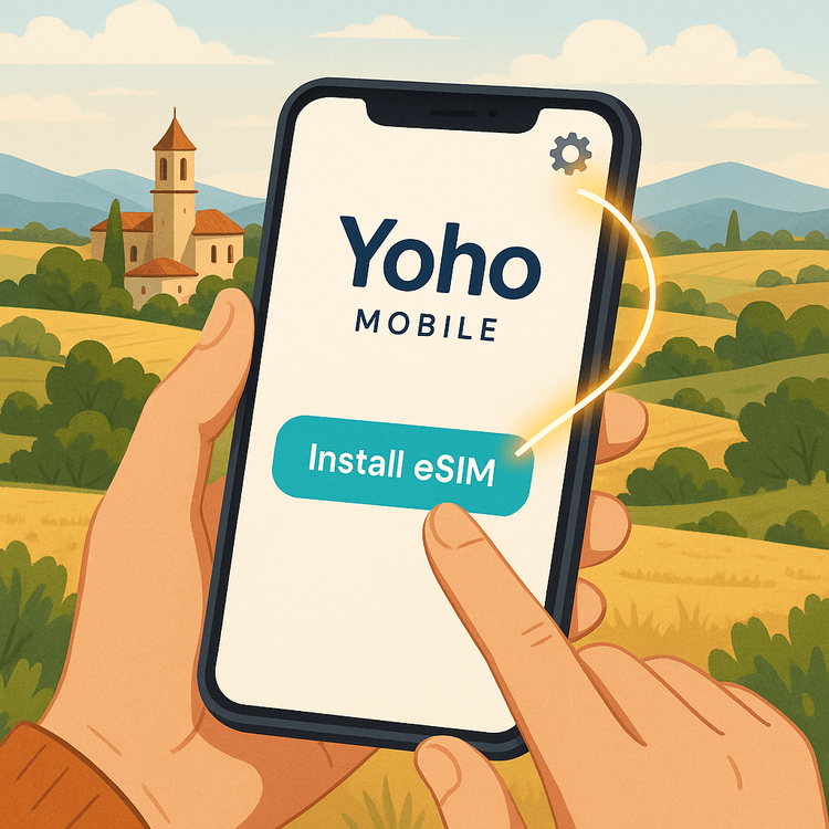 Illustration demonstrating the simple, one-click installation process for a Yoho Mobile eSIM on an iOS device for a trip to Spain.