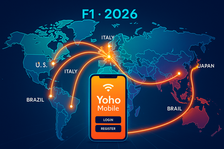 A world map illustrating global connectivity for the 2026 Formula 1 season, with key race locations highlighted.