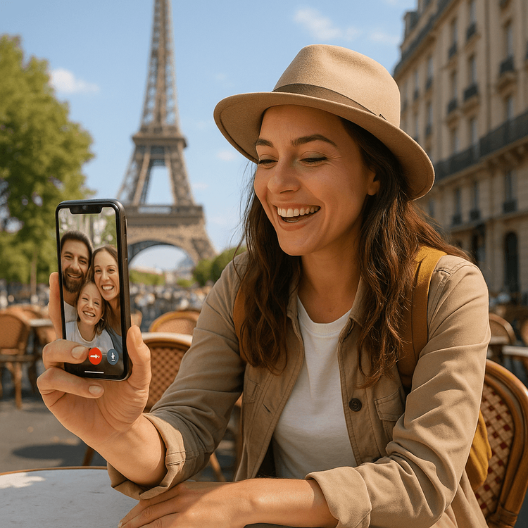 A traveler happily making a video call from Paris using a reliable mobile data connection.