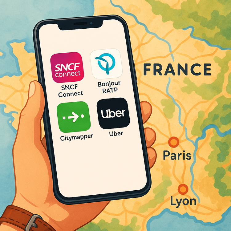 A smartphone screen showing essential travel apps for navigating France during transport strikes.
