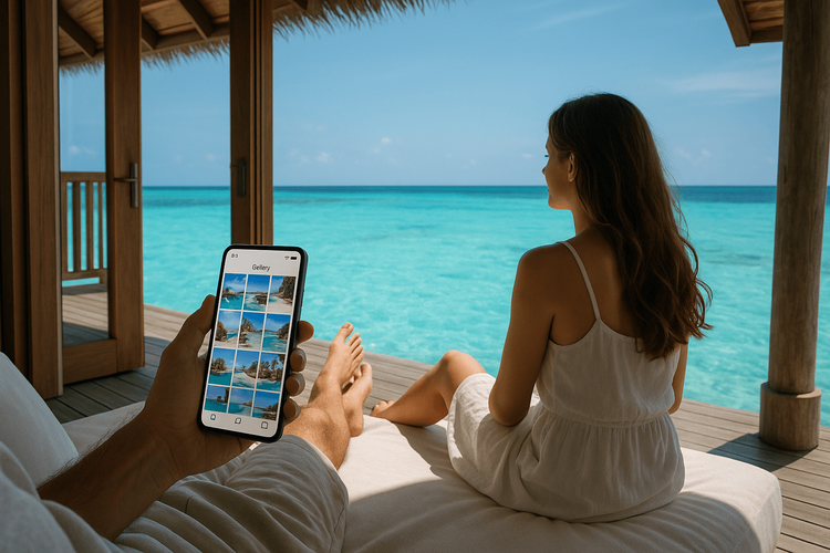 A couple enjoying seamless internet on their phone in a luxurious overwater bungalow in the Maldives with Yoho Mobile eSIM.