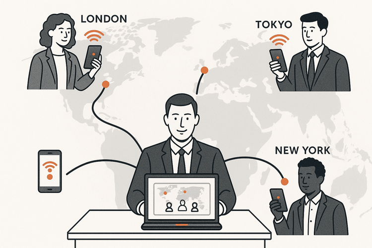 Diagramma che mostra un manager che distribuisce centralmente le eSIM Yoho Mobile a un team globale di dipendenti.
