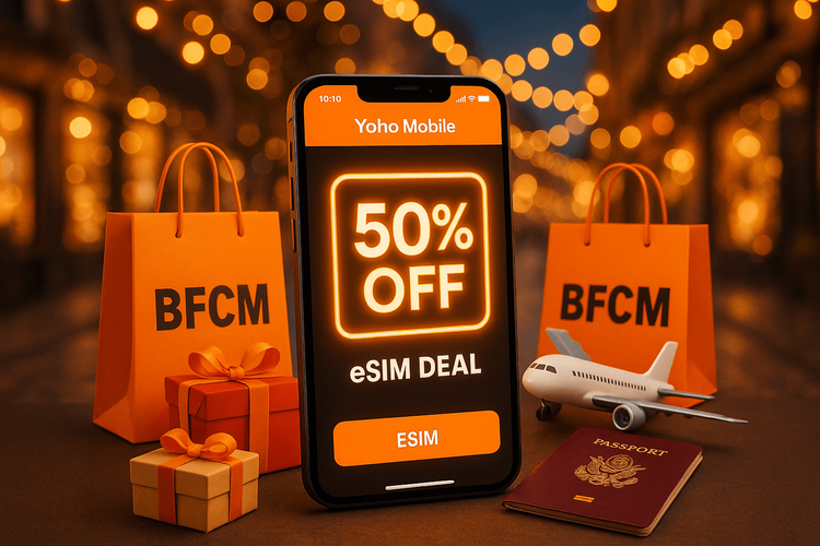 Yoho Mobile's Black Friday Cyber Monday eSIM deals for 2025, showing a smartphone with a promotion surrounded by festive shopping elements.