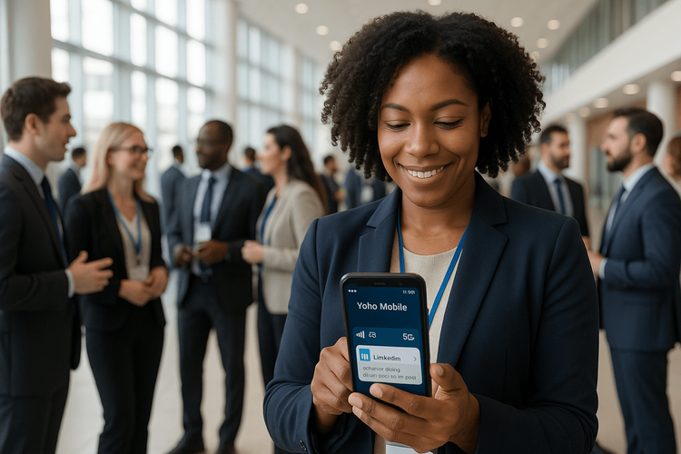 A business professional confidently networking at an international trade show using their phone with a reliable Yoho Mobile eSIM connection.