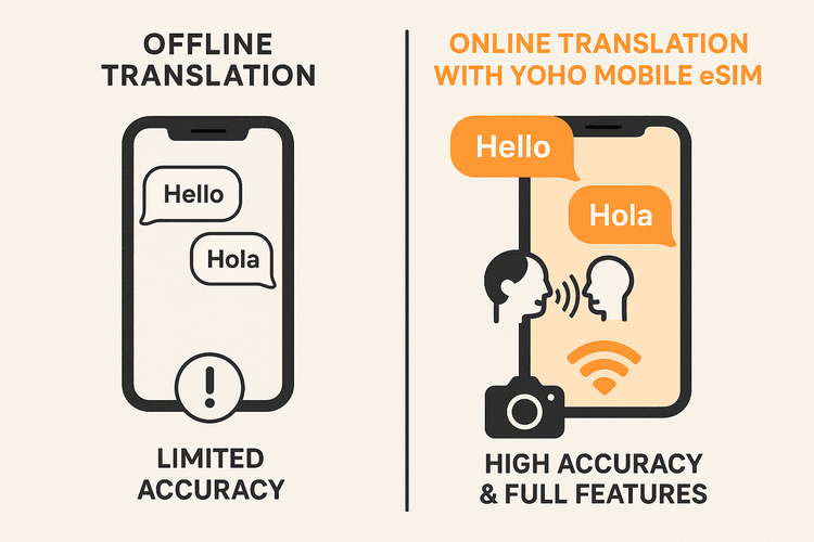An infographic comparing the limited features of offline translation versus the full capabilities of online translation with a reliable eSIM.