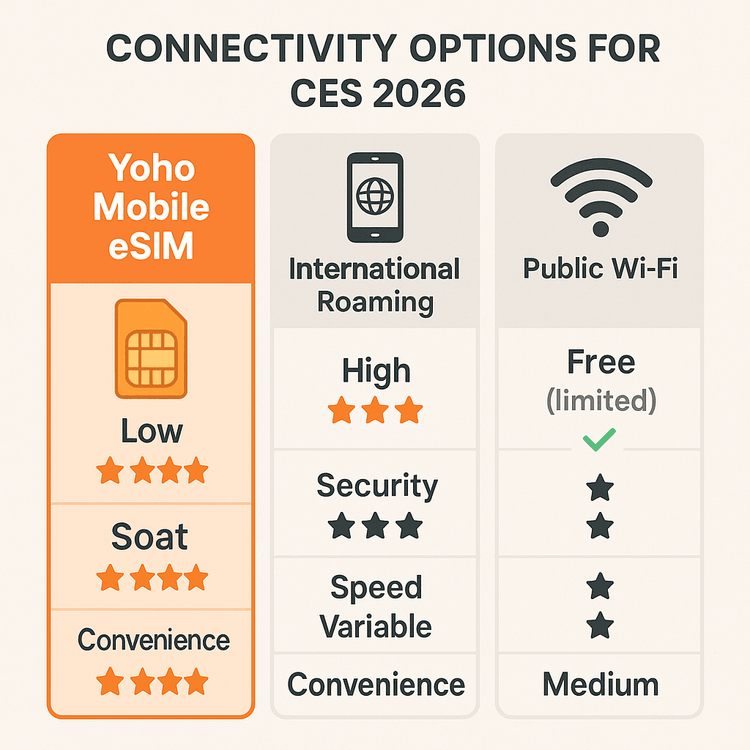 An infographic comparing the cost, security, and convenience of Yoho Mobile eSIM, international roaming, and public Wi-Fi for CES attendees.