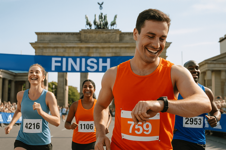 A marathon runner checking their time on a smartwatch after crossing the finish line at an international race, powered by a travel eSIM.