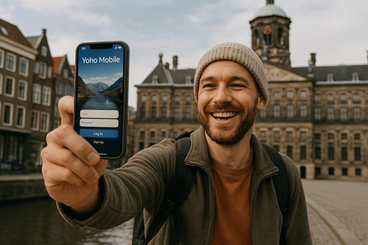 A happy traveler taking a selfie in a European city during their spontaneous layover trip.