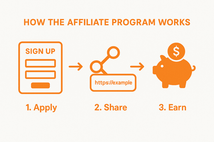 A 3-step infographic explaining the Yoho Mobile affiliate process: Apply, Share, and Earn.
