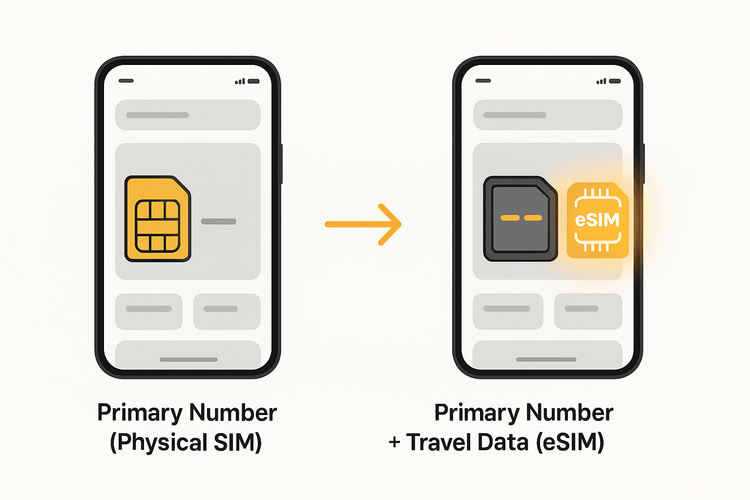 Diagram showing how a single SIM slot phone can use a physical SIM and an eSIM for dual SIM functionality.