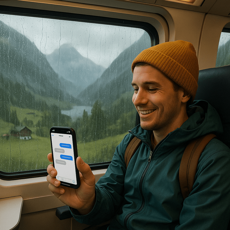 A traveler staying connected with a Yoho Mobile eSIM on a train in Switzerland during rainy weather.