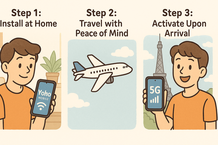 A three-step guide showing when to install and activate your travel eSIM for the best experience.