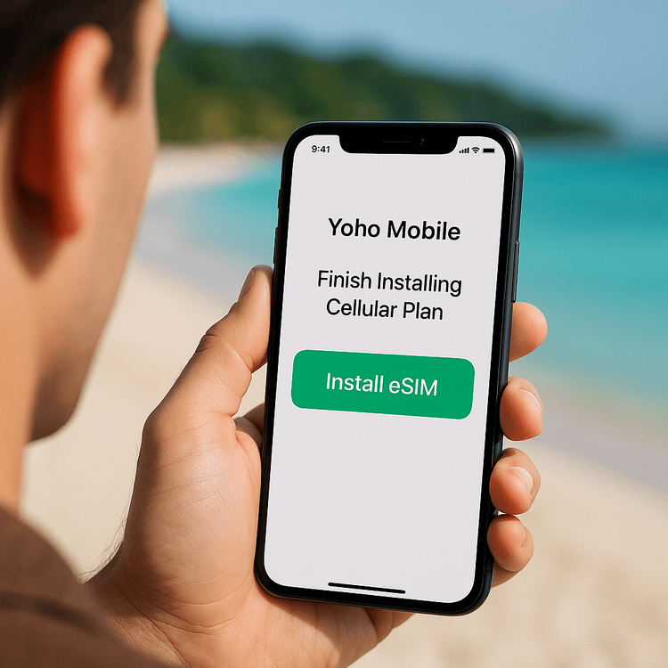 A close-up of an iPhone screen showing the simple, one-tap installation of a Yoho Mobile eSIM for travel in Honduras.