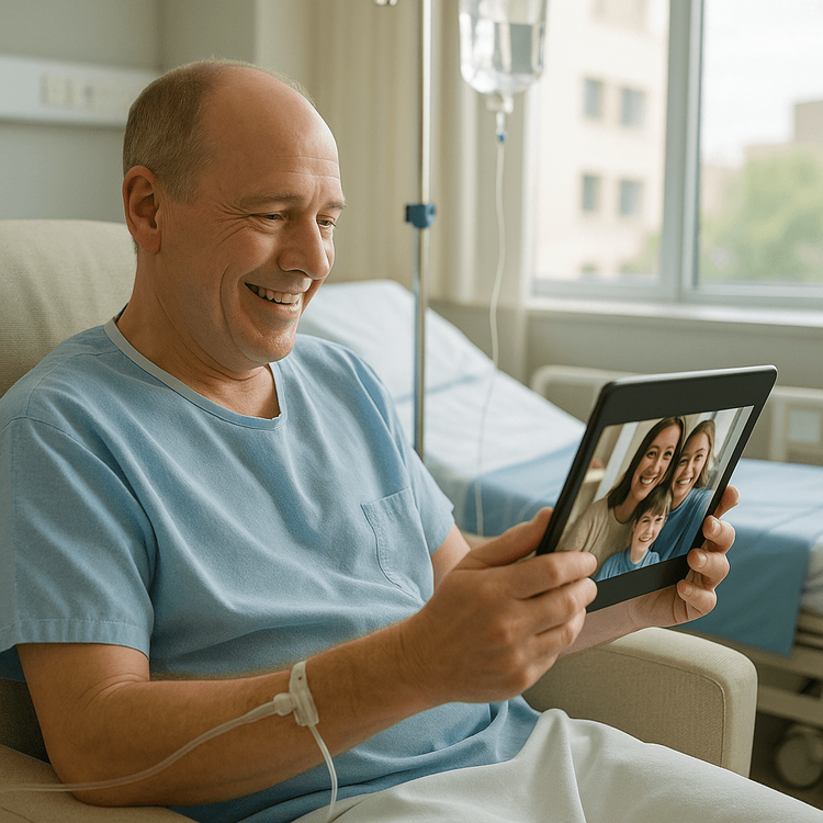 A patient comfortably sitting in a hospital room using a tablet to video call their family, demonstrating reliable international patient connectivity.