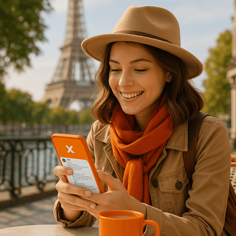A traveler smiling while using X (Twitter) on her phone at a cafe in Paris, connected with a travel eSIM.