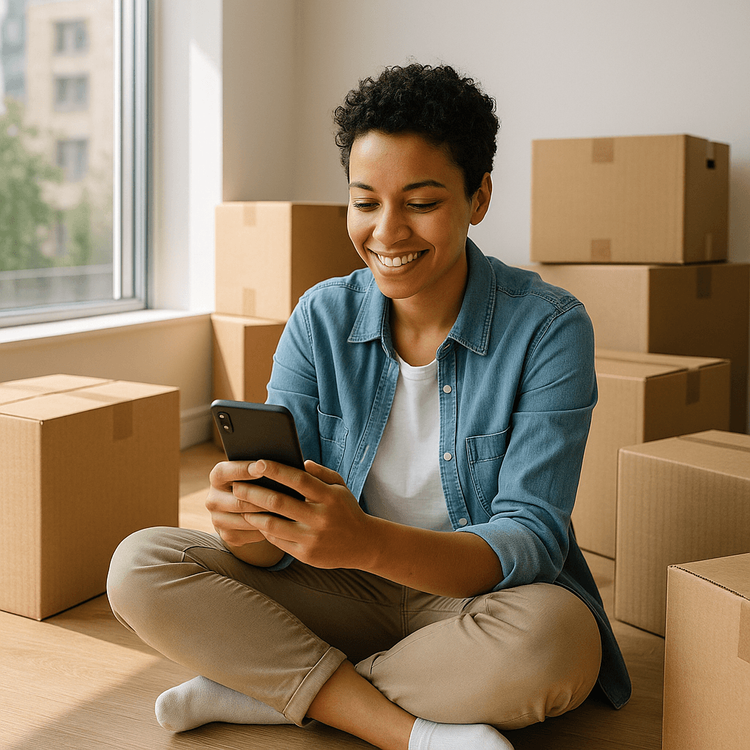 A relieved expat using their phone with Yoho Mobile eSIM in their new, partially unpacked apartment.