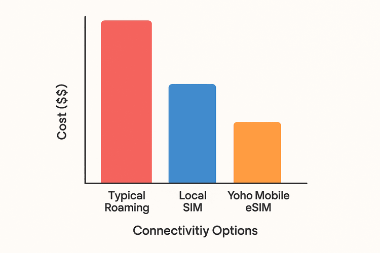 A bar chart comparing the high cost of typical data roaming against the more affordable options of a local SIM and a Yoho Mobile eSIM, with the eSIM being the cheapest.