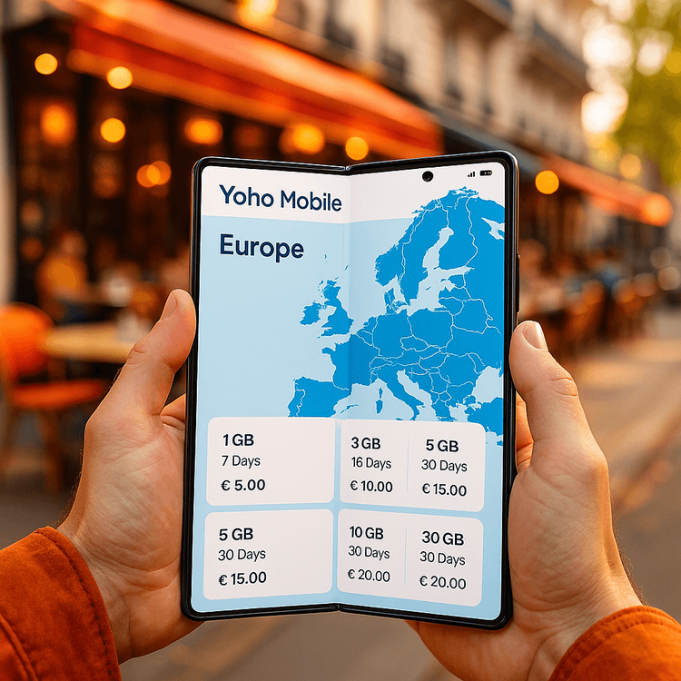 Using the Yoho Mobile eSIM app on the large screen of a Samsung Galaxy Z Fold while traveling in Paris.