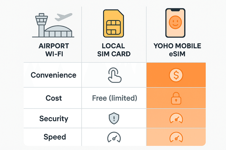 Comparison of Airport Wi-Fi, Local SIM, and Yoho Mobile eSIM for travelers at Paris Orly Airport.