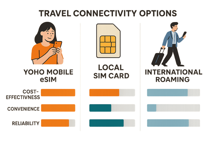 A chart comparing Yoho Mobile eSIM with Local SIMs and International Roaming on cost, convenience, and reliability, showing Yoho Mobile as the superior option.