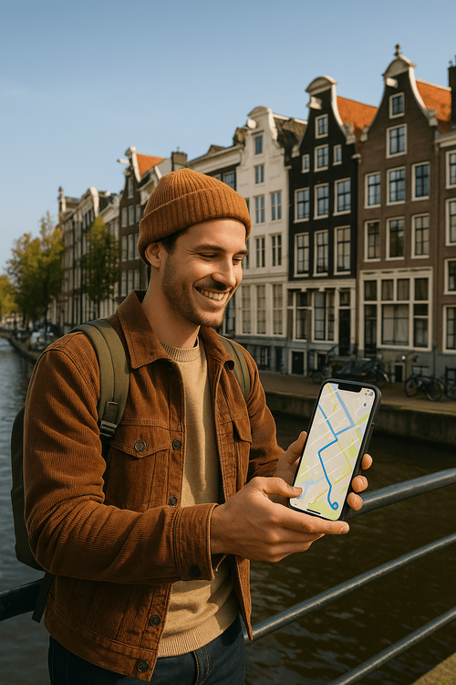 A traveler using their phone with a Yoho Mobile eSIM to navigate the canals of Amsterdam effortlessly.