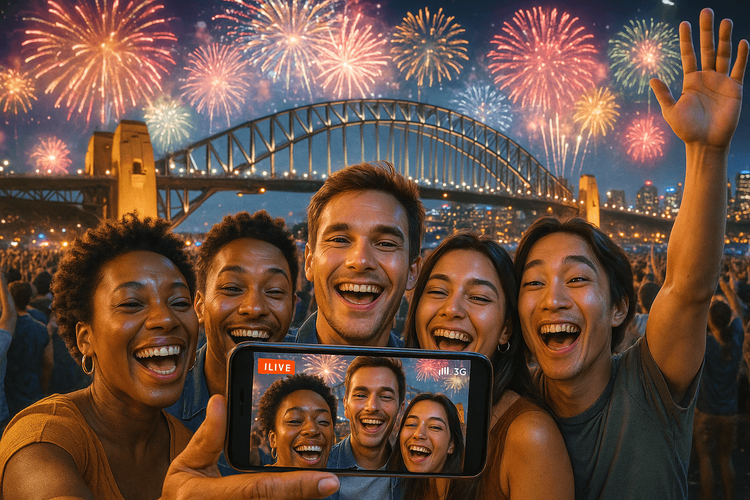 A group of friends taking a selfie with a strong mobile signal during the New Year's Eve fireworks celebration in Sydney.