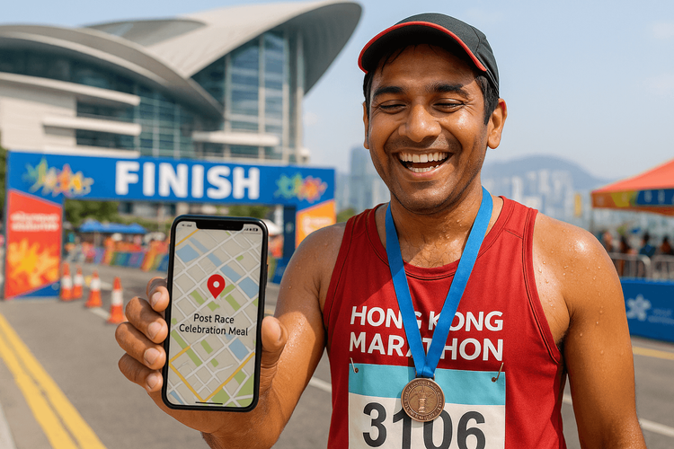 A marathon runner celebrating at the Hong Kong Marathon finish line while using their phone with a Yoho Mobile eSIM to navigate.