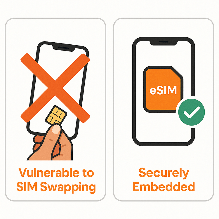 Infographic comparing the vulnerability of a physical SIM card to an embedded eSIM in case of phone theft.