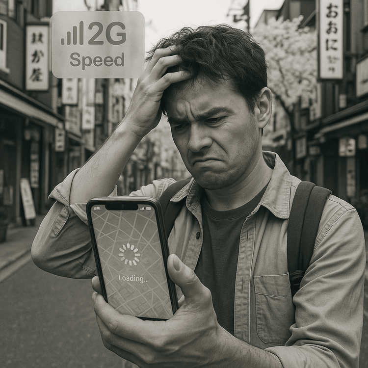 A traveler experiencing the frustration of data throttling with a slow-loading map on their phone.