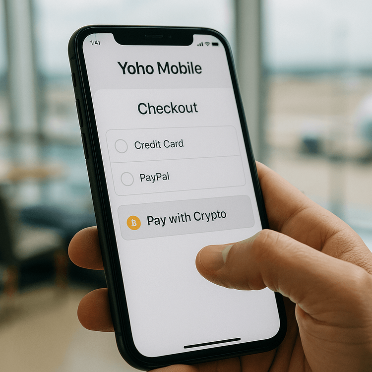 A person buying a Yoho Mobile eSIM on their phone, selecting the crypto payment option.