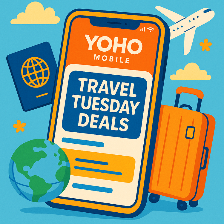Illustration of a smartphone showcasing Yoho Mobile's Travel Tuesday eSIM deals, surrounded by travel icons.