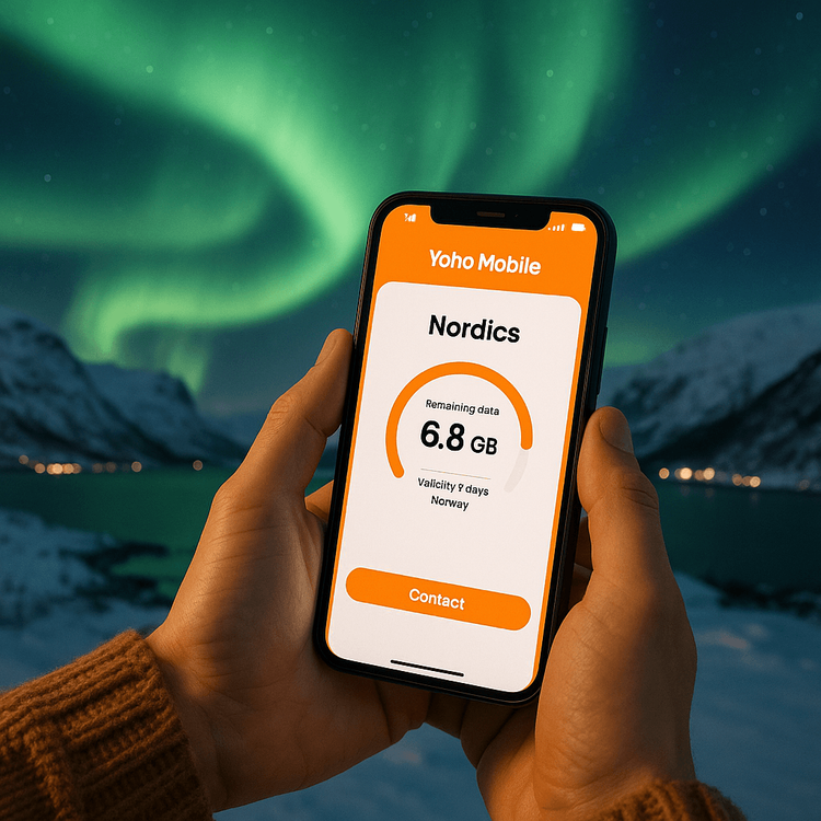 A person holding a smartphone with the Yoho Mobile eSIM app, with the beautiful Northern Lights in the background.