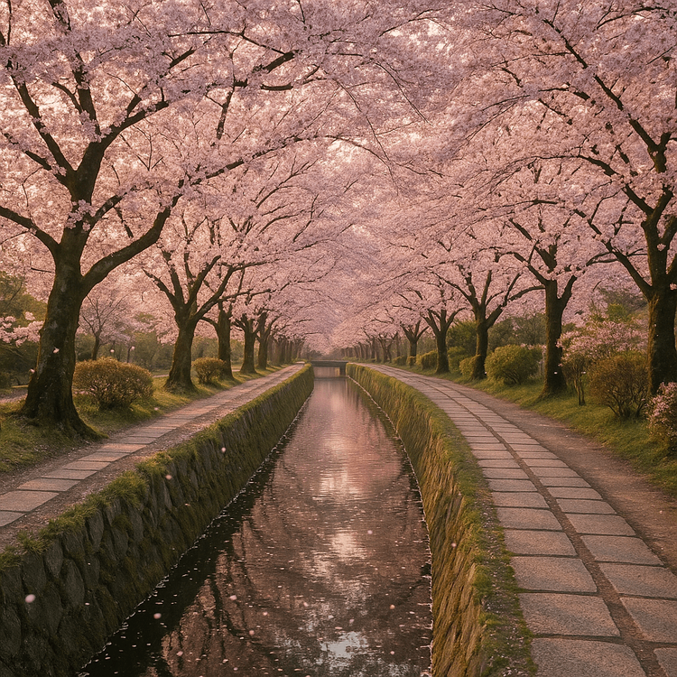 The Philosopher's Path in Kyoto, Japan, forming a beautiful tunnel of cherry blossoms over a canal.
