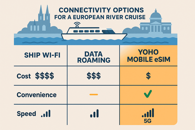 Infographic comparing Ship Wi-Fi, Data Roaming, and Yoho Mobile eSIM on cost, convenience, and speed for a Danube river cruise.