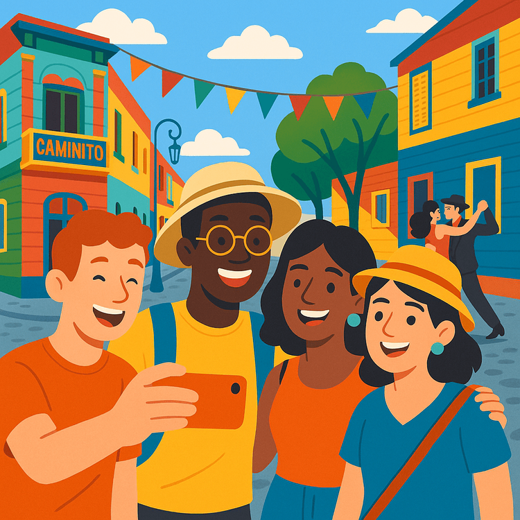 Illustration of tourists safely enjoying the colorful La Boca district in Buenos Aires.