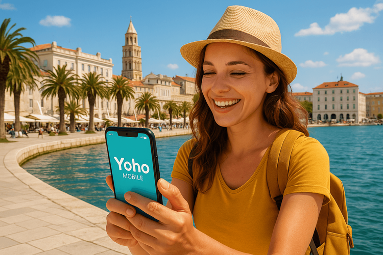 A happy traveler using a Yoho Mobile eSIM on her phone at the Split waterfront in Croatia.