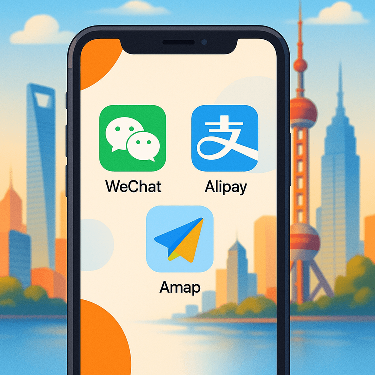 A smartphone displaying logos of essential travel apps that work in China, such as WeChat and Alipay.