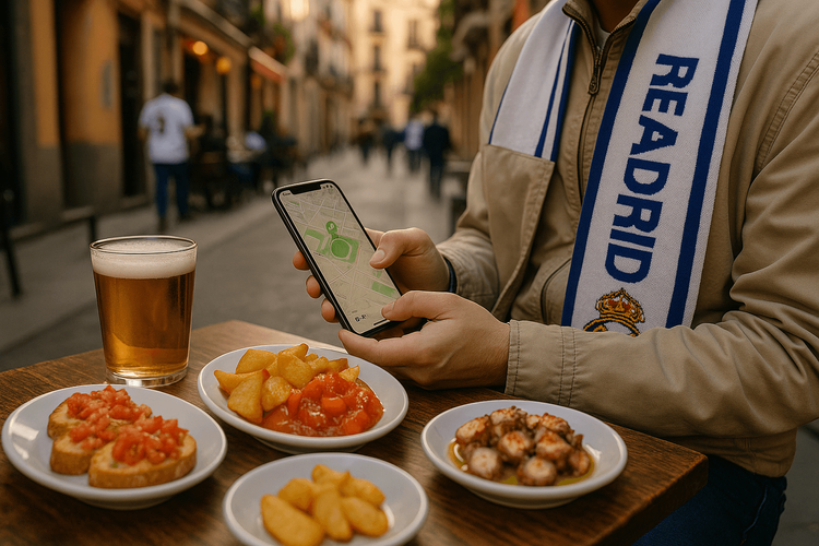 A football fan enjoying tapas in Madrid while checking directions to the stadium on their phone before a La Liga match.