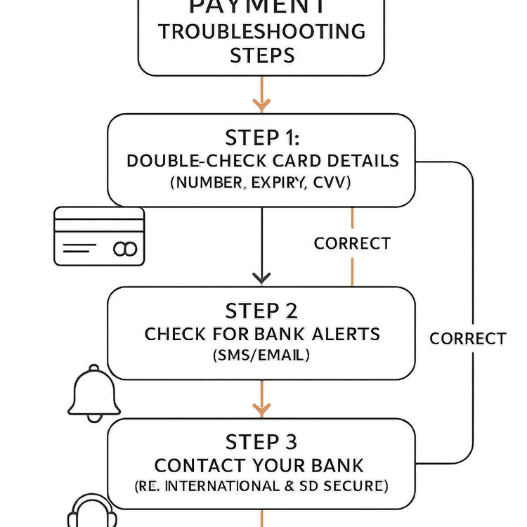 A flowchart showing the step-by-step process to troubleshoot a failed payment for a Yoho Mobile eSIM.