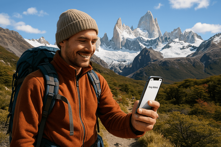 A hiker in Patagonia using their smartphone with a strong Yoho Mobile eSIM signal, showcasing reliable data coverage.