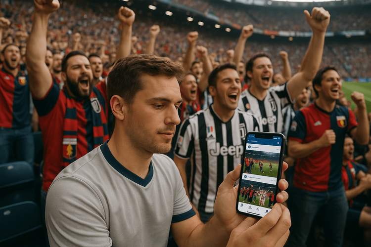 A football fan using a smartphone with a Yoho Mobile eSIM to share moments from the Genoa vs Juventus match in Italy.