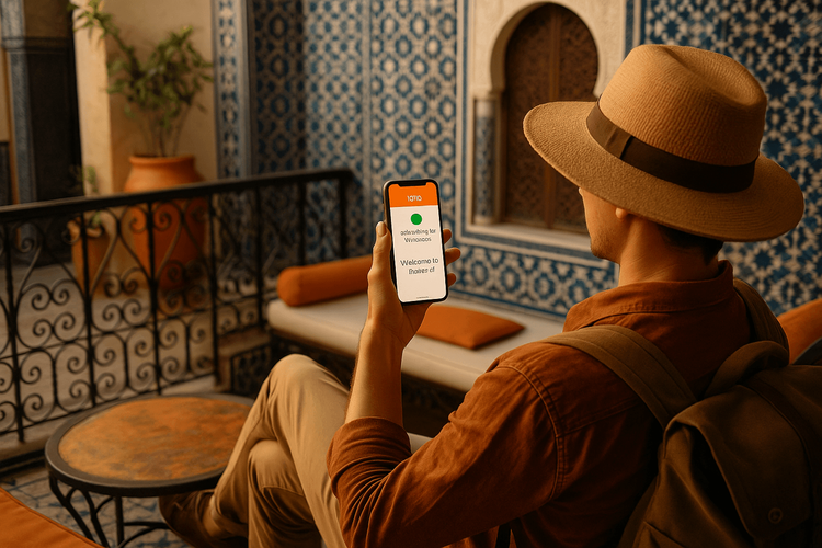 A traveler relaxing in a Moroccan riad after successfully activating their Yoho Mobile eSIM for Morocco.